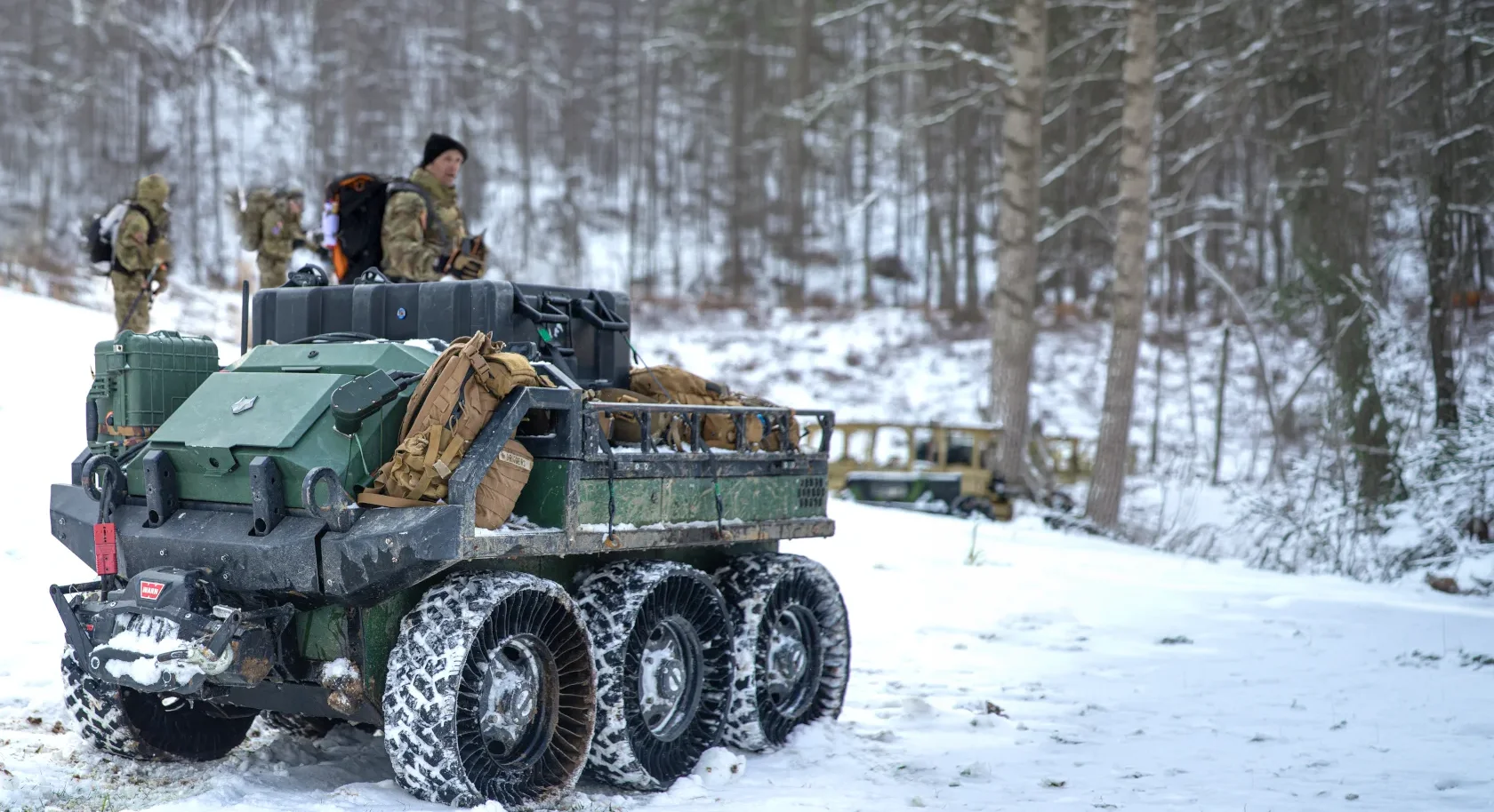 Army soldiers testing the HDT Robotics Hunter WOLF in cold client: Army GOAT, SMET