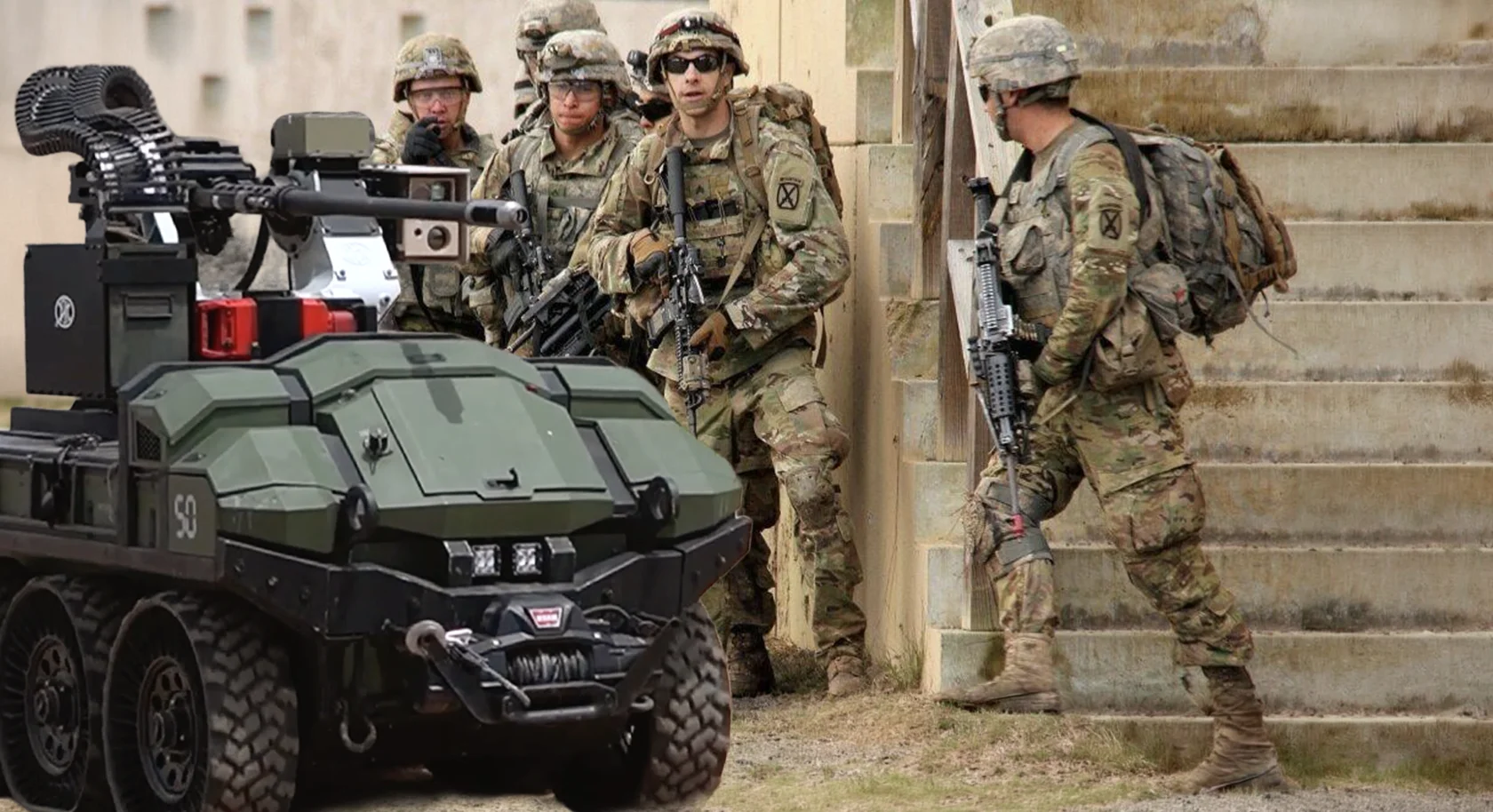 Army soldiers testing weapons on the HDT Robotics Hunter WOLF: Army GOAT, SMET